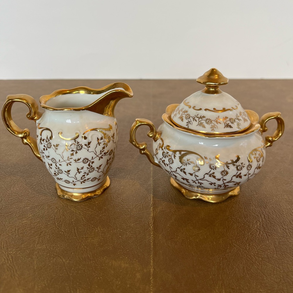 Vintage Bavarian Porcelain Lidded Sugar Bowl and Creamer Baroque Style 1950s